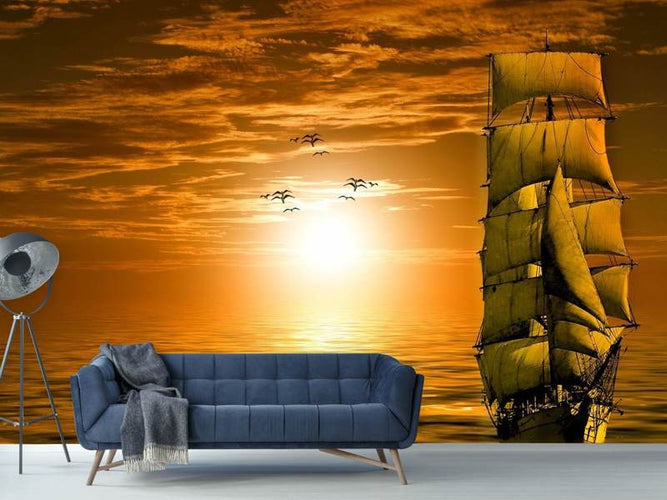 Fotobehang Zeilschip in de zonsondergang