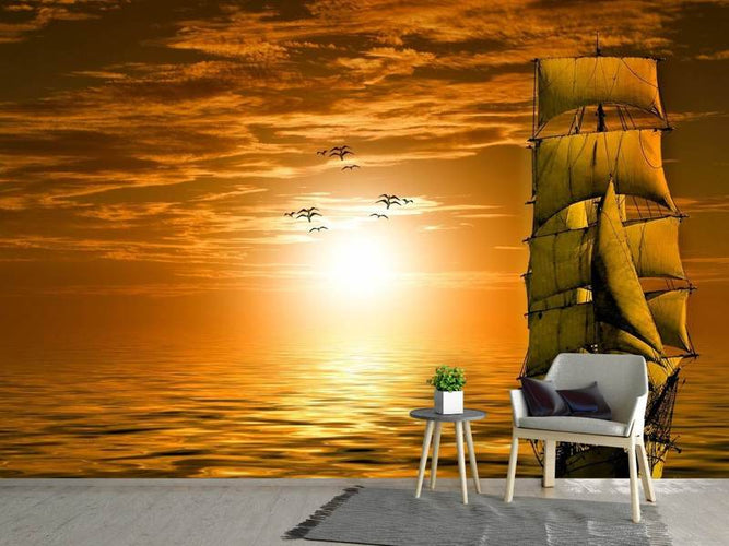Fotobehang Zeilschip in de zonsondergang