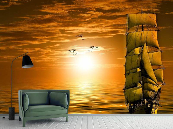 Fotobehang Zeilschip in de zonsondergang