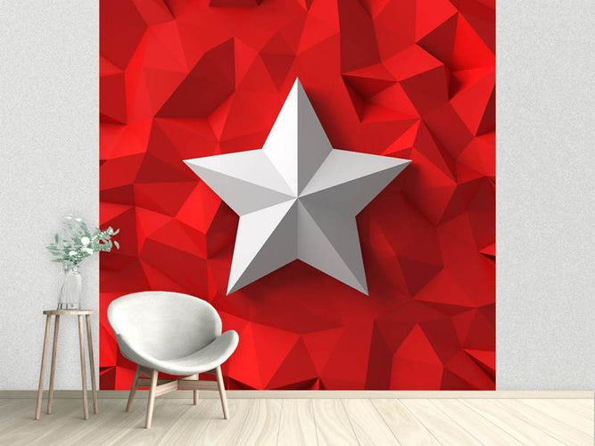 Fotobehang 3D Ster, witte ster in het rood