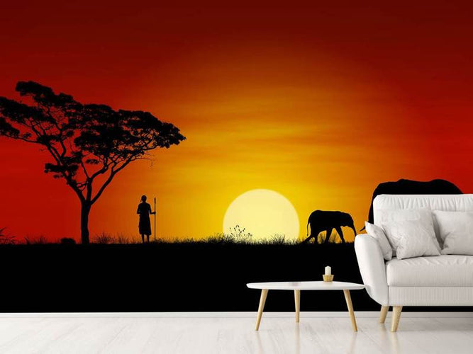 Fotobehang Afrikaanse Olifanten bij zonsondergang