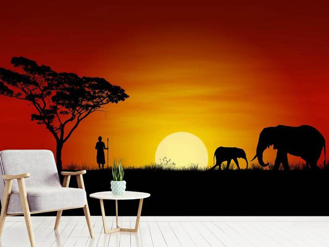 Fotobehang Afrikaanse Olifanten bij zonsondergang