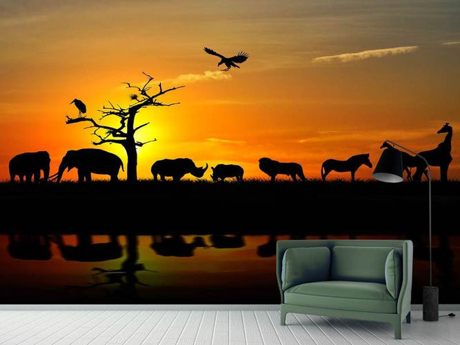Fotobehang Safari Dieren Bij Zonsondergang