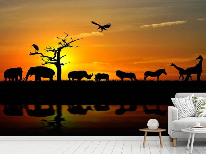Fotobehang Safari Dieren Bij Zonsondergang