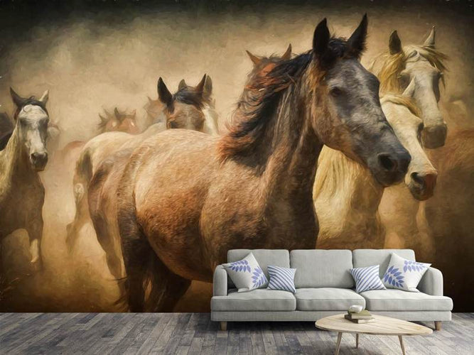 Fotobehang Schilderij van wilde paarden