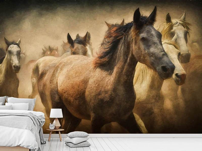 Fotobehang Schilderij van wilde paarden